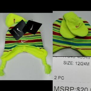 NEW NIKE Hi Visibility HAT MITTENS SET NEON YELLOW LOGO apres ski GIFT 12 24 NWT